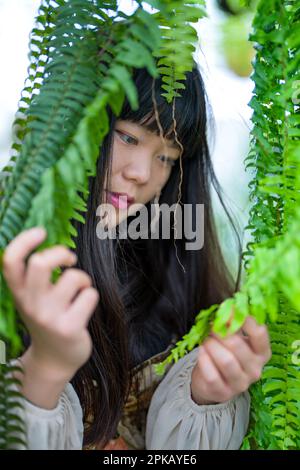 Primo piano di Asian Woman esame Fern pianta | guardando lontano dalla fotocamera | mani in cornice Foto Stock