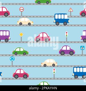 Auto, autobus, treni, case e strade, città senza cuciture modello infantile. Belle illustrazioni per il design della stanza dei bambini, cartoline, vestiti Illustrazione Vettoriale