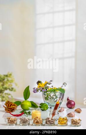 Assortimento di integratori alimentari. Foto Stock