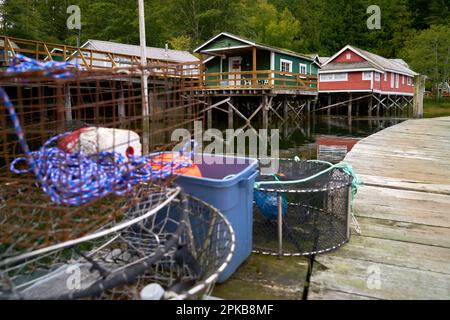 Telegraph Cove Marina Dock con edifici su Pilings. Il porticciolo di Telegraph Cove e le sistemazioni costruite su pilings visti dal molo del porticciolo. Foto Stock