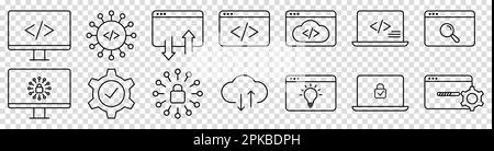 Icone di sviluppo software. Collezione di simboli di contorno moderni isolati su sfondo trasparente Illustrazione Vettoriale