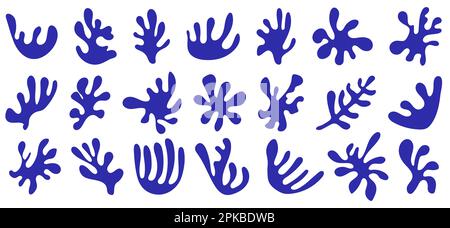 Set di forme marine disegnate a mano blu in stile Matisse. Illustrazione vettoriale isolata su sfondo bianco Illustrazione Vettoriale