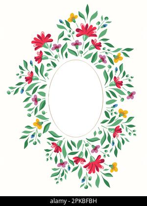 Colorful Chintz Romantic Meadow Wildflowers Vector Vertical Oval Frame Illustrazione Vettoriale