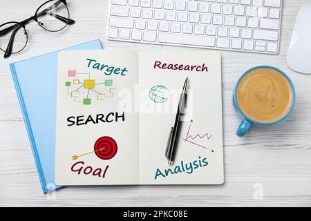 Concetto di SEO. Notebook con RICERCA per parola, tazza di caffè, tastiera e bicchieri su tavolo di legno bianco, piatto Foto Stock
