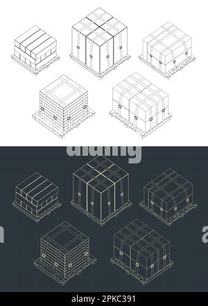 Illustrazione isometrica vettoriale stilizzata di diversi tipi di carico imballati fissati su pallet Illustrazione Vettoriale