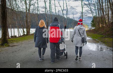 Buona famiglia a fare una passeggiata in un parco, vista sul retro. Famiglia che cammina insieme lungo il sentiero forestale con il loro bambino, padre che spinge il pram. giovani wal Foto Stock