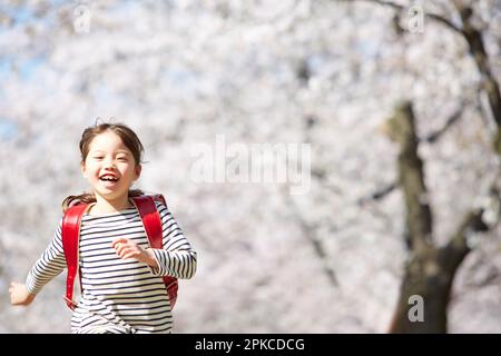 Ragazza della scuola elementare che corre lungo la strada fiancheggiata da ciliegi Foto Stock