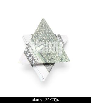 Origami David star fatto di banconote in dollari su sfondo bianco Foto Stock