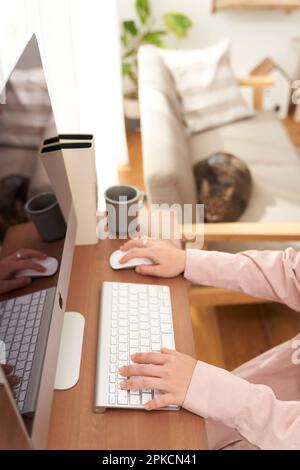 Donna che tocca il computer e il gatto sul divano Foto Stock