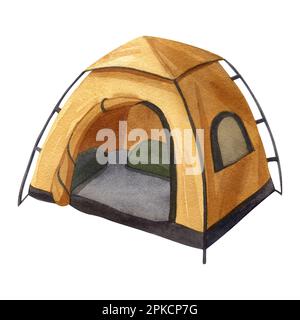 Acquerello aperto arancione campeggio tenda turistica in viaggio all'aperto. Illustrazione disegnata a mano isolata su sfondo bianco. Perfetto per viaggi e viaggi Foto Stock