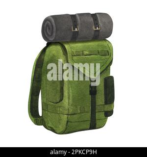 Zaino da viaggio watercolor verde campeggio con tappetino turistico in viaggio all'aperto. Illustrazione disegnata a mano isolata su sfondo bianco. Perfetto per Foto Stock
