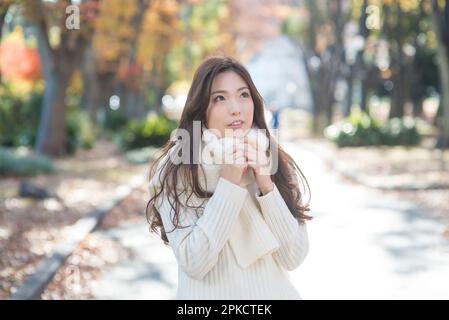 Una donna nel suo 20s a piedi lungo un viale alberato a fine autunno Foto Stock