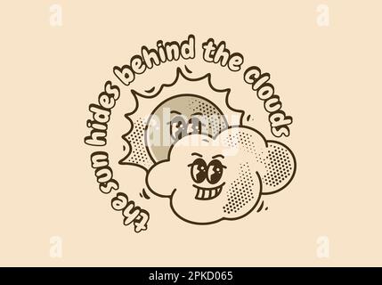Mascotte vintage disegno di illustrazione del carattere di sole sorridente e delle nuvole Illustrazione Vettoriale