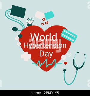 World Hypertension Day illustrazione con simbolo del cuore con battito cardiaco e pillole Illustrazione Vettoriale