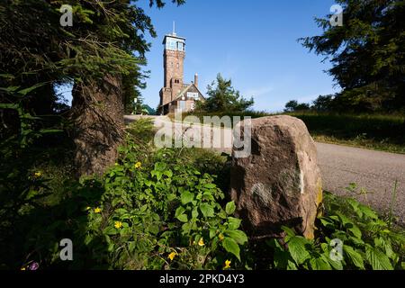 Hornisgrinde, Germania - 11 agosto 2021: Grande pietra lungo la strada. Torre (Hornisgrindeturm) sullo sfondo. Percorso escursionistico conduce oltre. Foto Stock