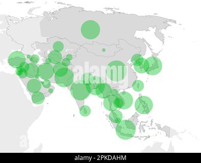 Mappa del continente asiatico con cerchi verdi che rappresentano la popolazione di ogni paese. Illustrazione grafica della popolazione nei paesi asiatici. Foto Stock