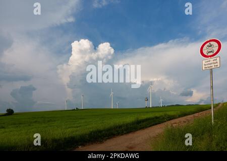 Firma sul prato verde dicendo: Traffico agricolo e forestale libero (tedesco: Land und forstwirtschaftlicher Verkehr frei). Molte turbine eoliche su un gre Foto Stock