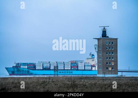 Fitta nebbia d'inverno, sospesa sulla foce dell'Elba nel Mare del Nord, nave container Maersk brani, lasciando l'Elba verso Rotterdam, traino radar Foto Stock