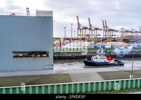 North lock nel porto d'oltremare di Bremerhaven, il veicolo trasportatore Durban Highway, sotto la bandiera di Panama, può caricare circa 600 automobili, scarichi Foto Stock