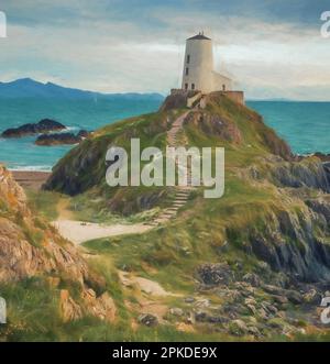 Pittura digitale del faro dell'isola di Llanddwyn, Twr Mawr a Ynys Llanddwyn su Anglesey, Galles del Nord. Foto Stock