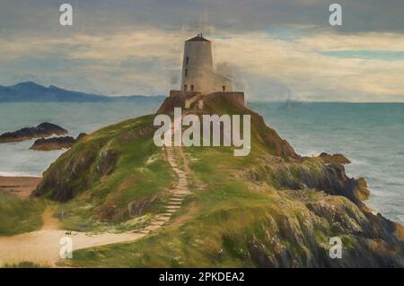 Pittura digitale del faro dell'isola di Llanddwyn, Twr Mawr a Ynys Llanddwyn su Anglesey, Galles del Nord. Foto Stock