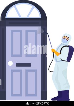 Illustrazione della disinfezione delle porte in stile cartone animato a colori. Disegno grafico vettoriale modificabile. Illustrazione Vettoriale