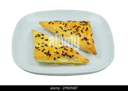 Cucina orientale. Samosa in un piatto su sfondo bianco. Cucina casalinga. Fast food. Foto Stock