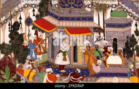 Akbar visita la tomba di Khwajah Mu'in ad-DIN Chishti ad Ajmer tra il 1590 e il 1595 da Basawan Foto Stock