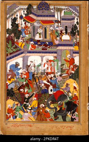 Akbar visita la tomba di Khwajah Mu'in ad-DIN Chishti ad Ajmer tra il 1590 e il 1595 da Basawan Foto Stock