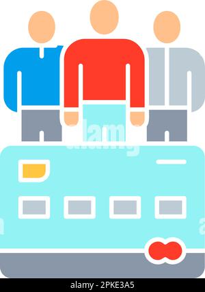 Carta di credito con team, team aziendale, gruppo di utenti icona con contorno bianco. Shopping, online banking, finanza simbolo design. Illustrazione Vettoriale