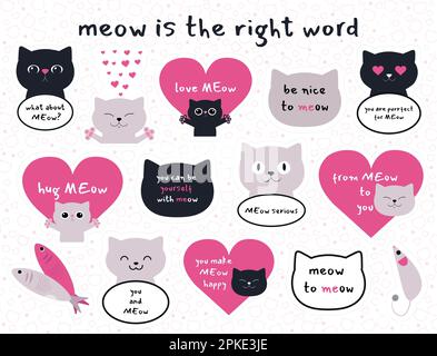 Set di adesivi Meow con diversi gatti che parlano frasi divertenti. Adesivi carini per gatti per il divertimento. Gatti neri e grigi con cuori. Adatto per carte d'amore Illustrazione Vettoriale