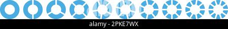 Torta frazioni divisa per matematica. Torta circolare con pezzi. Gruppo di sezioni del segmento. Geometria semplice. Illustrazione con isolamento vettoriale Illustrazione Vettoriale