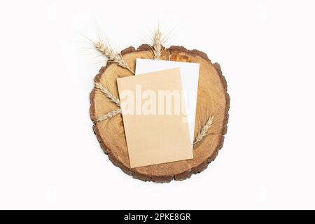 Fogli di carta bianca e marrone su un tronco di albero su uno sfondo bianco con spazio di copia Foto Stock