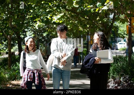 Tre giovani che camminano fianco a fianco ridendo Foto Stock