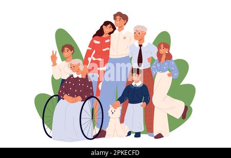 Felice grande famiglia caratteri set. nonna felice, bambini e genitori. Illustrazione con isolamento vettoriale piatto Illustrazione Vettoriale