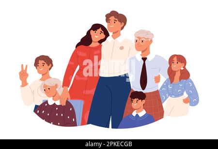 Grande ritratto di famiglia. buon padre, madre, nonna, nonno e bambini. Illustrazione con isolamento vettoriale piatto Illustrazione Vettoriale