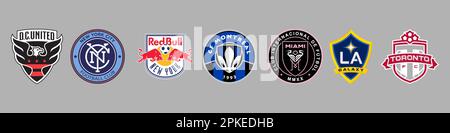 Vinnitsa, Ucraina - 10 gennaio 2023: Set di logo per squadre di calcio americane MLS Illustrazione Vettoriale