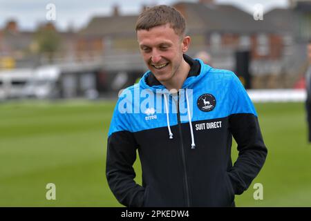 Cleethorpes, Regno Unito. 06th Apr, 2023. Oliver Finney di Hartlepool United durante la partita della Sky Bet League 2 tra Grimsby Town e Hartlepool United a Blundell Park, Cleethorpes venerdì 7th aprile 2023. (Foto: Scott Llewellyn | NOTIZIE MI) Credit: NOTIZIE MI & Sport /Alamy Live News Foto Stock