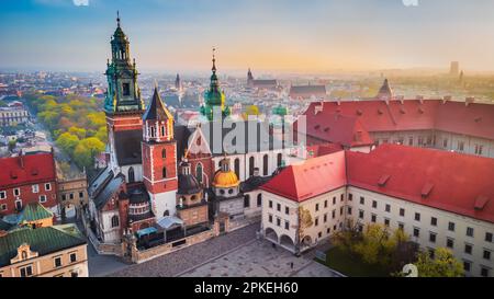 Cracovia, Polonia. Vista aerea del colle di Wawel, della Cattedrale, del Castello reale e delle mura difensive. Riva del fiume Vistola. Foto Stock