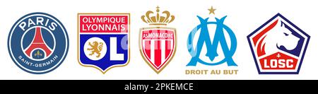 Vinnitsa, Ucraina - 14 dicembre 2022: Calcio. Set di icone per il logo del club della squadra FC France League 1. Illustrazione Vettoriale