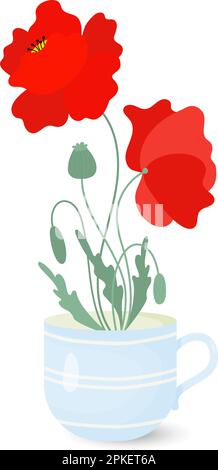 Bouquet di fiori di papaveri rossi in tazza. Illustrazione vettoriale in stile piatto per cartoline, disegni, decorazioni, copertine e stampe Illustrazione Vettoriale
