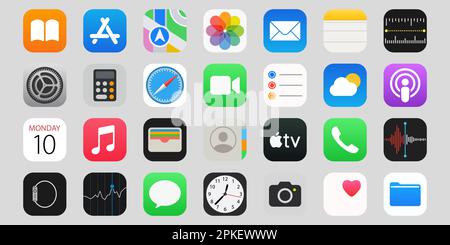 Vinnitsa, Ucraina - 19 dicembre 2022: Set di icone per i programmi di interfaccia IOS di Apple. Illustrazione Vettoriale