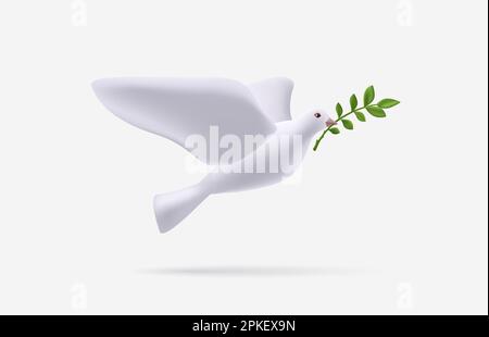 3d illustrazione di colomba isolata e ramo di ulivo. Simbolo di pace, rendering grafico stilizzato Illustrazione Vettoriale