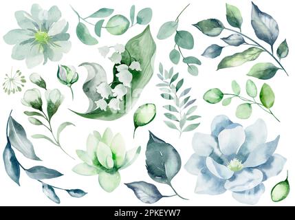 Set di elementi floreali acquerelli. Raccolta di elementi di fiori, foglie verdi - per mazzi, corone, arrangiamenti, inviti di nozze, anniver Foto Stock