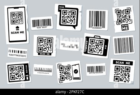 Adesivi con codice QR. Etichette con codice a barre con informazioni sul prodotto o link, struttura scanner di elementi grafici tag prezzo, scansione sul concetto di telefono. Set vettoriale Illustrazione Vettoriale