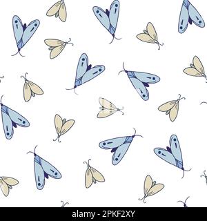 Farfalle blu e grigie isolate su sfondo bianco senza cuciture. Bug disegnati a mano ripetizione modello Illustrazione Vettoriale