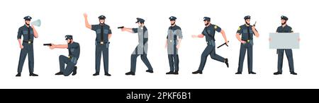 Personaggi poliziotti. Poliziotto dei cartoni animati in diverse pose, poliziotto di pattuglia dei cartoni animati e guardia in uniforme facendo lavoro di giustizia di sicurezza. Set vettoriale Illustrazione Vettoriale