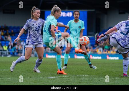 Wimbledon, Londra, Regno Unito. 7 aprile 2023. Commbank Australia Matildas / Scozia Nazionale delle Donne allo stadio della Cherry Red Records, Plough Lane Wimbledon Credit: amer Ghazzal/Alamy Live News Foto Stock