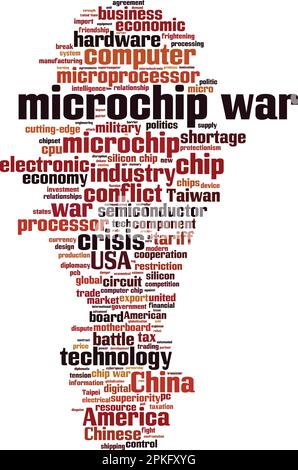 Concetto di cloud della parola di guerra di Microchip. Collage fatto di parole sulla guerra dei microchip. Illustrazione vettoriale Illustrazione Vettoriale