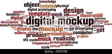 Concetto di digital mockup, word cloud. Collage fatto di parole sul digital mockup. Illustrazione vettoriale Illustrazione Vettoriale